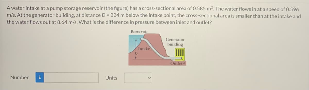 A water intake at a pump storage reservoir (the figure) has a cross-sectional area of 0.585 m2. The water flows in at a speed of 0.596
m/s. At the generator building, at distance D = 224 m below the intake point, the cross-sectional area is smaller than at the intake and
the water flows out at 8.64 m/s. What is the difference in pressure between inlet and outlet?
Reservoir
Generator
building
Intake
D.
Outlet-
Number
i
Units
