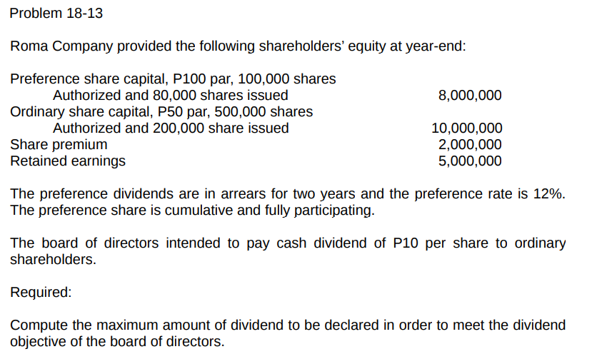 Problem 18-13
Roma Company provided the following shareholders' eguity at year-end:
Preference share capital, P100 par, 100,000 shares
Authorized and 80,000 shares issued
Ordinary share capital, P50 par, 500,000 shares
Authorized and 200,000 share issued
8,000,000
Share premium
Retained earnings
10,000,000
2,000,000
5,000,000
The preference dividends are in arrears for two years and the preference rate is 12%.
The preference share is cumulative and fully participating.
The board of directors intended to pay cash dividend of P10 per share to ordinary
shareholders.
Reguired:
Compute the maximum amount of dividend to be declared in order to meet the dividend
objective of the board of directors.
