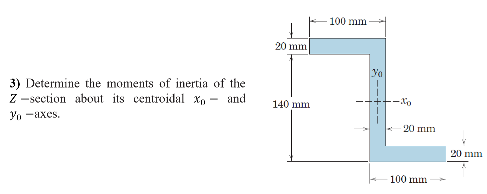 3) Determine the moments of inertia of the
Z -section about its centroidal xo - and
Уо —ахes.
