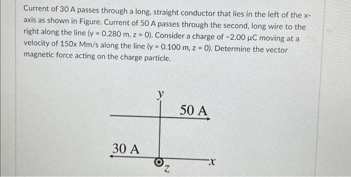 Current of 30 A passes through a long, straight conductor that lies in the left of the x-
axis as shown in Figure. Current of 50 A passes through the second, long wire to the
right along the line (y = 0.280 m, z = 0). Consider a charge of -2.00 μC moving at a
velocity of 150x Mm/s along the line (y = 0.100 m, z = 0). Determine the vector
magnetic force acting on the charge particle.
30 A
y
Z
50 A
X