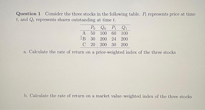 Question 1 Consider the three stocks in the following table. P, represents price at time
t, and Qt represents shares outstanding at time t.
Po Qo P₁ Q₁
50 100 60 100
A
IB 30 200 24 200
C 20 200 30 200
a. Calculate the rate of return on a price-weighted index of the three stocks
b. Calculate the rate of return on a market value-weighted index of the three stocks