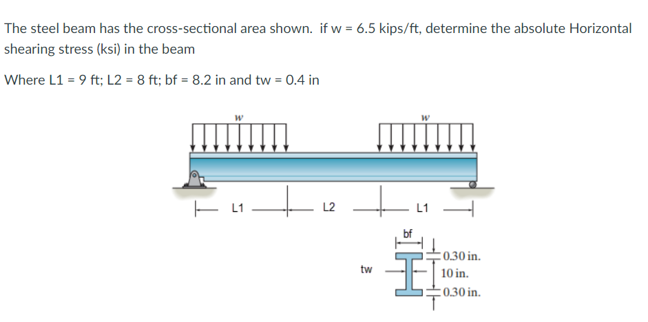 The steel beam has the cross-sectional area shown. if w = 6.5 kips/ft, determine the absolute Horizontal
%3D
shearing stress (ksi) in the beam
Where L1 = 9 ft; L2 = 8 ft; bf = 8.2 in and tw = 0.4 in
E L1
L2
L1
:0.30 in.
tw
10 in.
:0.30 in.
