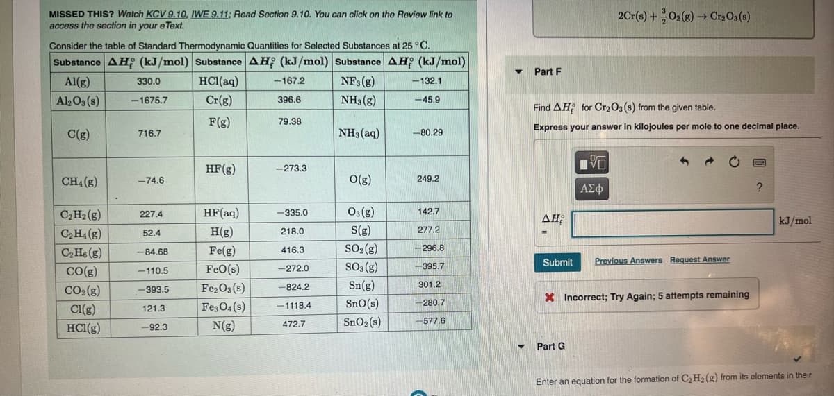 MISSED THIS? Watch KCV 9.10, IWE 9.11; Read Section 9.10. You can click on the Review link to
access the section in your e Text.
Consider the table of Standard Thermodynamic Quantities for Selected Substances at 25 °C.
Substance AH (kJ/mol) Substance AH (kJ/mol) Substance AH; (kJ/mol)
Al(g)
HCl(aq)
NF3 (g)
Al2O3(s)
Cr(g)
NH3(g)
F(g)
NH3(aq)
C(g)
CH4 (g)
C₂H₂(g)
C₂H4 (g)
C2H6 (g)
CO(g)
CO₂(g)
Cl(g)
HCl(g)
330.0
-1675.7
716.7
-74.6
227.4
52.4
-84.68
-110.5
-393.5
121.3
-92.3
HF (g)
HF (aq)
H(g)
Fe(g)
FeO(s)
Fe₂O3(s)
Fe3O4(s)
N(g)
-167.2
396.6
79.38
-273.3
-335.0
218.0
416.3
-272.0
-824.2
-1118.4
472.7
O(g)
03(g)
S(g)
SO₂(g)
SO3(g)
Sn(g)
SnO(s)
SnO₂ (s)
-132.1
-45.9
-80.29
249.2
142.7
277.2
-296.8
-395.7
301.2
-280.7
-577.6
▼
Part F
Find AH for Cr2O3 (s) from the given table.
Express your answer in kilojoules per mole to one decimal place.
ΔΗ
2Cr(s) + O2(g) → Cr2O3 (8)
VO
ΑΣΦ
Submit Previous Answers Request Answer
Part G
X Incorrect; Try Again; 5 attempts remaining
?
kJ/mol
Enter an equation for the formation of C₂ H₂(g) from its elements in their