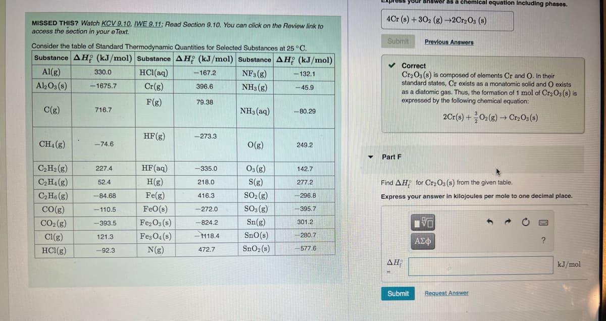 MISSED THIS? Watch KCV 9.10, IWE 9.11; Read Section 9.10. You can click on the Review link to
access the section in your e Text.
Consider the table of Standard Thermodynamic Quantities for Selected Substances at 25 °C.
Substance AH (kJ/mol) Substance AH (kJ/mol) Substance AH (kJ/mol)
Al(g)
HCl(aq)
NF3 (8)
Al2O3(s)
Cr(g)
NH3(g)
F(g)
C(g)
CH4 (g)
C₂ H₂(g)
C2H₁ (g)
C₂H6 (g)
CO(g)
CO₂(g)
Cl(g)
HCl(g)
330.0
-1675.7
716.7
-74.6
227.4
52.4
-84.68
-110.5
-393.5
121.3
-92.3
HF (g)
-167.2
396.6
79.38
-273.3
HF (aq)
H(g)
218.0
Fe(g)
416.3
FeO(s)
-272.0
Fe₂O3(s)
-824.2
Fe3O4(s) -M118.4
N(g)
472.7
-335.0
NH3(aq)
O(g)
03(g)
S(g)
SO₂(g)
SO3(g)
Sn(g)
SnO(s)
SnO₂ (s)
-132.1
-45.9
-80.29
249.2
142.7
277.2
-296.8
-395.7
301.2
-280.7
-577.6
▼
ress your ans
4Cr (s) + 302 (g) →2Cr2O3 (s)
Submit
Part F
✓ Correct
Cr2O3 (s) is composed of elements Cr and O. In their
standard states, Cr exists as a monatomic solid and O exists
as a diatomic gas. Thus, the formation of 1 mol of Cr₂O3 (s) is
expressed by the following chemical equation:
2Cr(s) + O2(g) → Cr2O3(s)
as a chemical equation including phases.
ΔΗ
Previous Answers
Find AH for Cr2O3 (s) from the given table.
Express your answer in kilojoules per mole to one decimal place.
Submit
V
ΑΣΦ
Request Answer
200
?
kJ/mol