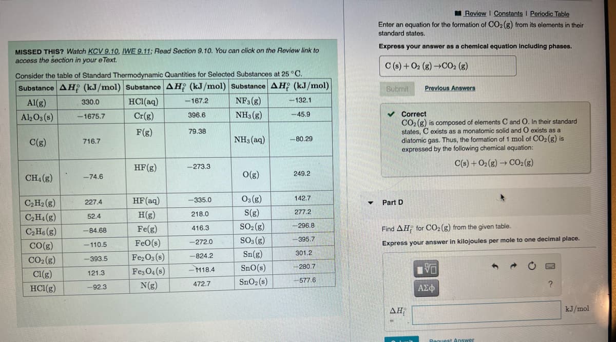 MISSED THIS? Watch KCV 9.10, IWE 9.11; Read Section 9.10. You can click on the Review link to
access the section in your eText.
Consider the table of Standard Thermodynamic Quantities for Selected Substances at 25 °C.
Substance AH (kJ/mol) Substance AH (kJ/mol) Substance AH (kJ/mol)
Al(g)
HCl(aq)
NF3 (g)
Al2O3(s)
Cr(g)
NH3(g)
F(g)
NH3(aq)
C(g)
CH4 (g)
C₂H₂(g)
C₂H4 (8)
C₂H6 (g)
CO(g)
CO₂(g)
Cl(g)
HCl(g)
330.0
-1675.7
716.7
-74.6
227.4
52.4
-84.68
-110.5
-393.5
121.3
-92.3
HF (g)
HF (aq)
H(g)
Fe(g)
FeO(s)
Fe2O3(s)
Fe3O4(s)
N(g)
-167.2
396.6
79.38
-273.3
-335.0
218.0
416.3
-272.0
-824.2
-1118.4
472.7
O(g)
03(g)
S(g)
SO₂(g)
SO3(g)
Sn(g)
SnO(s)
SnO₂ (s)
-132.1
-45.9
-80.29
249.2
142.7
277.2
-296.8
-395.7
301.2
-280.7
-577.6
Review | Constants | Periodic Table
Enter an equation for the formation of CO2 (g) from its elements in their
standard states.
Express your answer as a chemical equation including phases.
C(s) + O2 (g) →CO2 (g)
Submit
✓ Correct
CO₂ (g) is composed of elements C and O. In their standard
states,
C exists as a monatomic solid and O exists as a
diatomic gas. Thus, the formation of 1 mol of CO₂ (g) is
expressed by the following chemical equation:
C(s) + O2(g) → CO₂(g)
Part D
Previous Answers
Find AH for CO₂ (g) from the given table.
Express your answer in kilojoules per mole to one decimal place.
ΔΗ
V
ΑΣΦ
Request Answer
kJ/mol
