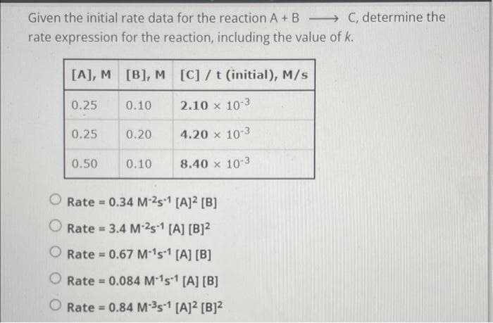Given the initial rate data for the reaction A + BC, determine the
rate expression for the reaction, including the value of k.
[A], M
0.25
0.25
0.50
[B], M [C]/t (initial), M/s
2.10 × 10-3
4.20 x 10-3
8.40 x 10-3
0.10
0.20
0.10
Rate = 0.34 M-25-1 [A]² [B]
Rate = 3.4 M-25-1 [A] [B]2
Rate = 0.67 M-¹s-1 [A] [B]
Rate = 0.084 M-¹s¹¹ [A] [B]
O Rate = 0.84 M-³s-1 [A]² [B]²
