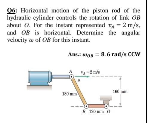 06: Horizontal motion of the piston rod of the
hydraulic cylinder controls the rotation of link OB
about O. For the instant represented va = 2 m/s,
and OB is horizontal. Determine the angular
velocity w of OB for this instant.
Ans.: wOB = 8. 6 rad/s CCW
A
VA = 2 m/s
160 mm
180 mm
B 120 mm 0
