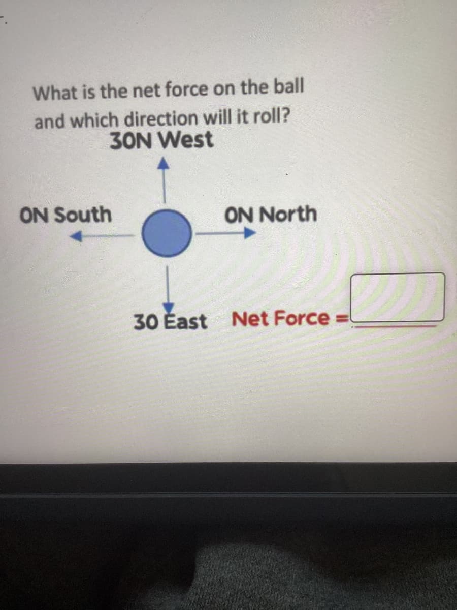What is the net force on the ball
and which direction will it roll?
30N West
ON South
ON North
30 East Net Force =