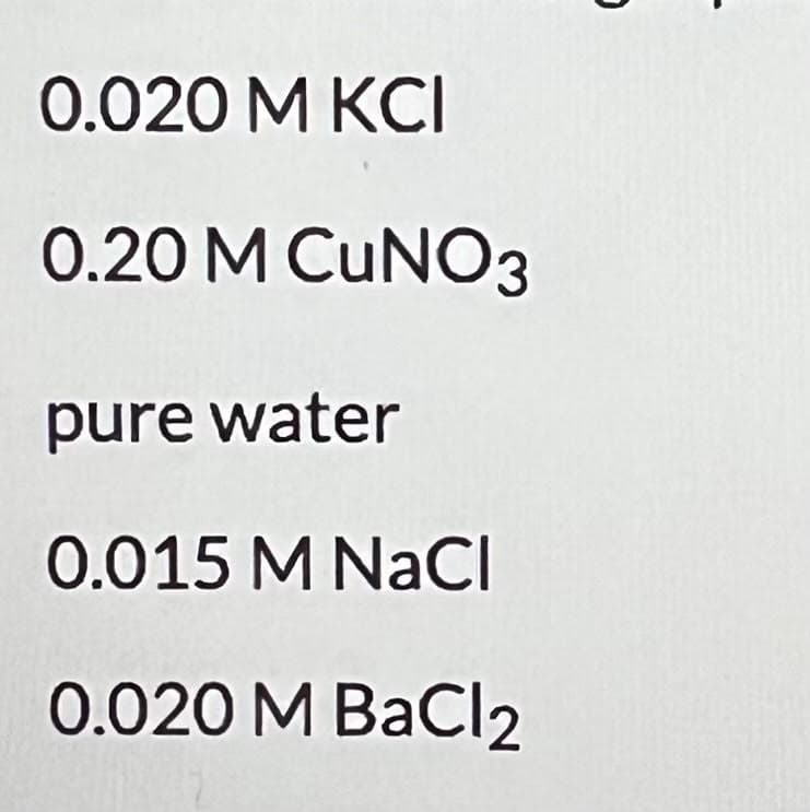 0.020 M KCI
0.20 M CUNO3
pure water
0.015 M NaCl
0.020 M BaCl₂