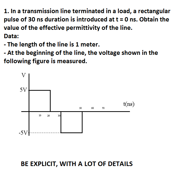 1. In a transmission line terminated in a load, a rectangular
pulse of 30 ns duration is introduced at t = 0 ns. Obtain the
value of the effective permittivity of the line.
Data:
- The length of the line is 1 meter.
- At the beginning of the line, the voltage shown in the
following figure is measured.
V
5V.
t(ns)
s0 00 70
10
20
30
-5Vt
BE EXPLICIT, WITH A LOT OF DETAILS
