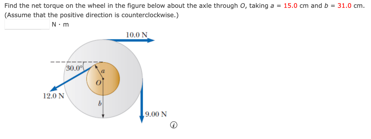 Find the net torque on the wheel in the figure below about the axle through O, taking a = 15.0 cm and b =
(Assume that the positive direction is counterclockwise.)
31.0 cm.
N⚫ m
30.0%
10.0 N
12.0 N
9.00 N