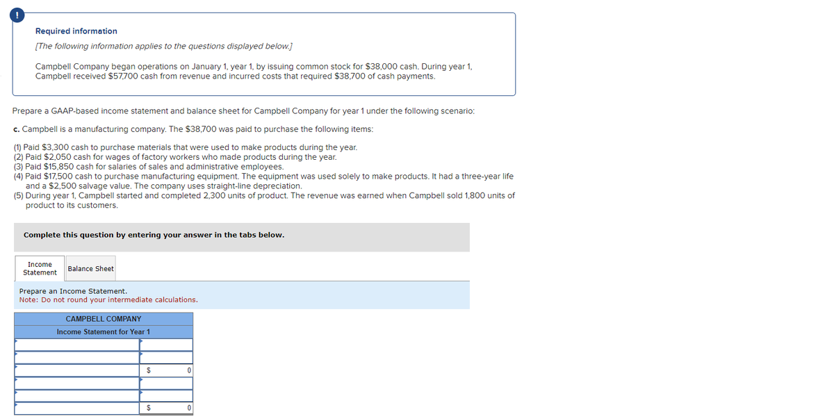 Required information
[The following information applies to the questions displayed below.]
Campbell Company began operations on January 1, year 1, by issuing common stock for $38,000 cash. During year 1,
Campbell received $57,700 cash from revenue and incurred costs that required $38,700 of cash payments.
Prepare a GAAP-based income statement and balance sheet for Campbell Company for year 1 under the following scenario:
c. Campbell is a manufacturing company. The $38,700 was paid to purchase the following items:
(1) Paid $3,300 cash to purchase materials that were used to make products during the year.
(2) Paid $2,050 cash for wages of factory workers who made products during the year.
(3) Paid $15,850 cash for salaries of sales and administrative employees.
(4) Paid $17,500 cash to purchase manufacturing equipment. The equipment was used solely to make products. It had a three-year life
and a $2,500 salvage value. The company uses straight-line depreciation.
(5) During year 1, Campbell started and completed 2,300 units of product. The revenue was earned when Campbell sold 1,800 units of
product to its customers.
Complete this question by entering your answer in the tabs below.
Income
Statement
Balance Sheet
Prepare an Income Statement.
Note: Do not round your intermediate calculations.
CAMPBELL COMPANY
Income Statement for Year 1
$
$
0
0