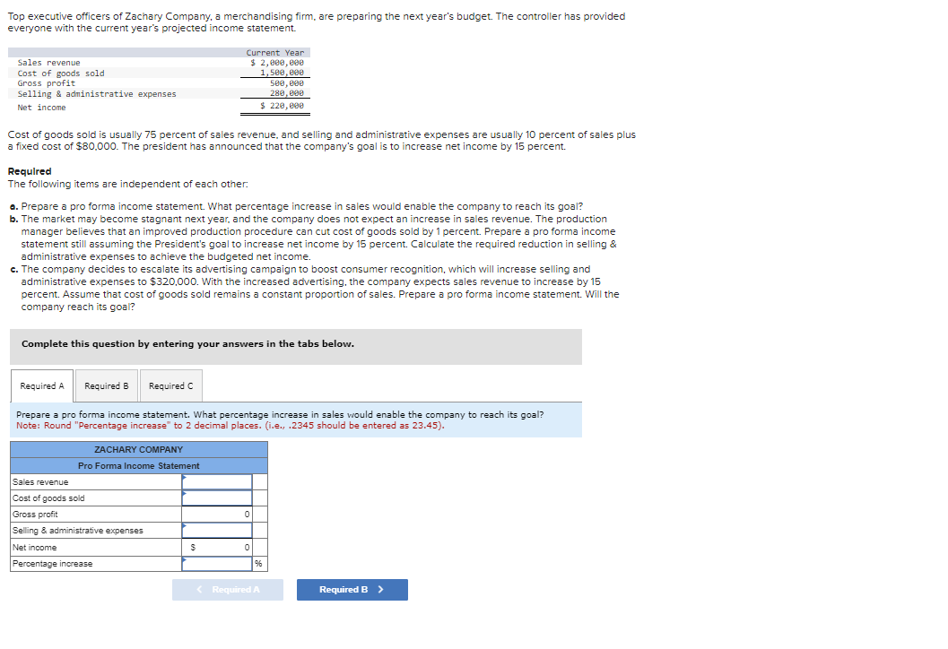 Top executive officers of Zachary Company, a merchandising firm, are preparing the next year's budget. The controller has provided
everyone with the current year's projected income statement.
Sales revenue
Cost of goods sold
Gross profit
Selling & administrative expenses
Net income
Cost of goods sold is usually 75 percent of sales revenue, and selling and administrative expenses are usually 10 percent of sales plus
a fixed cost of $80,000. The president has announced that the company's goal is to increase net income by 15 percent.
Required
The following items are independent of each other:
a. Prepare a pro forma income statement. What percentage increase in sales would enable the company to reach its goal?
b. The market may become stagnant next year, and the company does not expect an increase in sales revenue. The production
manager believes that an improved production procedure can cut cost of goods sold by 1 percent. Prepare a pro forma income
statement still assuming the President's goal to increase net income by 15 percent. Calculate the required reduction in selling &
administrative expenses to achieve the budgeted net income.
c. The company decides to escalate its advertising campaign to boost consumer recognition, which will increase selling and
administrative expenses to $320,000. With the increased advertising, the company expects sales revenue to increase by 15
percent. Assume that cost of goods sold remains a constant proportion of sales. Prepare a pro forma income statement. Will the
company reach its goal?
Complete this question by entering your answers in the tabs below.
Required A
Current Year
$ 2,000,000
1,500,000
500,000
280,000
$ 220,000
Required B
Required C
Prepare a pro forma income statement. What percentage increase in sales would enable the company to reach its goal?
Note: Round "Percentage increase" to 2 decimal places. (i.e., .2345 should be entered as 23.45).
ZACHARY COMPANY
Pro Forma Income Statement
Sales revenue
Cost of goods sold
Gross profit
Selling & administrative expenses
Net income
Percentage increase
S
0
0
96
< Required A
Required B >