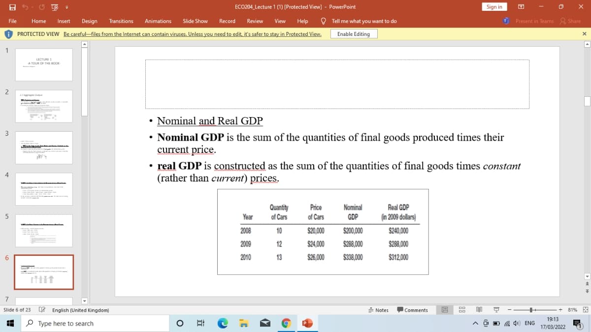 ECO204 Lecture 1 (1) (Protected View] - PowerPoint
Sign in
O Tell me what you want to do
T Present in Teams Share
File
Home
Insert
Design
Transitions
Animations
Slide Show
Record
Review
View Help
O
PROTECTED VIEW Be careful-files from the Internet can contain viruses. Unless you need to edit, it's safer to stay in Protected View.
Enable Editing
1
LECTURE 1
A TOUR OF THE BOOr
2
• Nominal and Real GDP
3
• Nominal GDP is the sum of the quantities of final goods produced times their
current price.
• real GDP is constructed as the sum of the quantities of final goods times constant
(rather than current) prices.
4
Quantity
of Cars
Price
Nominal
Real GDP
Year
of Cars
GDP
(in 2009 dollars)
2008
10
$20,000
$200,000
$240,000
2009
12
$24,000
$288,000
$288,000
2010
13
$26,000
$338,000
$312,000
7
Slide 6 of 23 English (United Kingdom)
E Notes
+ 81% X
Comments
19:13
P Type here to search
a 40) ENG
17/03/2022
