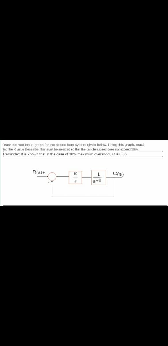 Draw the root-locus graph for the closed loop system given below. Using this graph, maxi-
find the K value December that must be selected so that the candle exceed does not exceed 30%.
Reminder: It is known that in the case of 30% maximum overshoot, O = 0.35.
R(S)+
K
8
1
s+6
C(s)