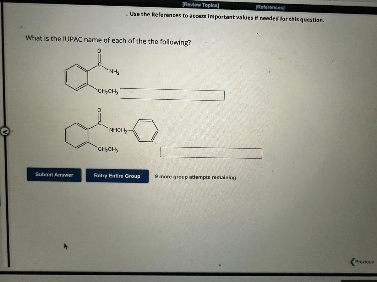 V
What is the IUPAC name of each of the the following?
0
Submit Answer
NH₂
CH₂CH3
NHCH,
[Review Topics]
[References]
Use the References to access important values if needed for this question.
CH₂CH3
Retry Entire Group
9 more group attempts remaining
ples
Previous