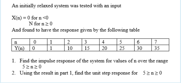 An initially relaxed system was tested with an input
X(n) = 0 for n <0
N for n20
And found to have the response given by the following table
1
2
10
3
4
5
7
Y(n) |0
| 1
15
20
25
30
35
1. Find the impulse response of the system for values of n over the range
52n20
2. Using the result in part 1, find the unit step response for 52n20
