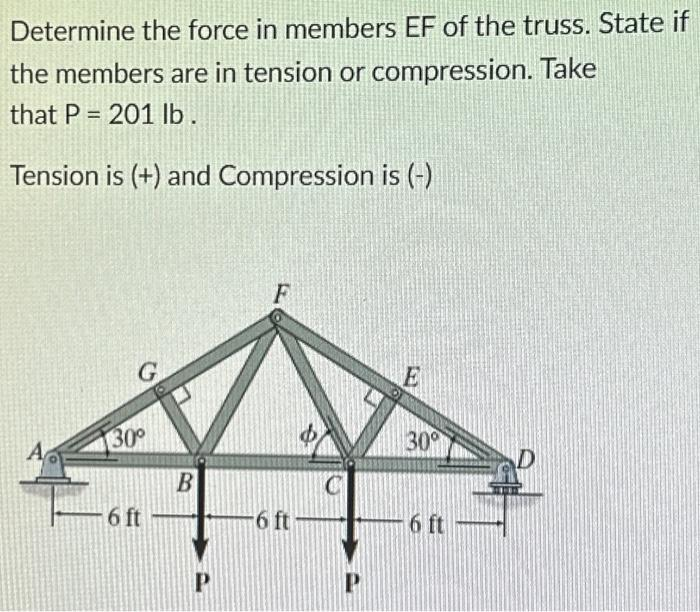 Determine the force in members EF of the truss. State if
the members are in tension or compression. Take
that P 201 lb.
=
Tension is (+) and Compression is (-)
G
30°
6 ft
B
P
6 ft
C
E
30°
6 ft
D