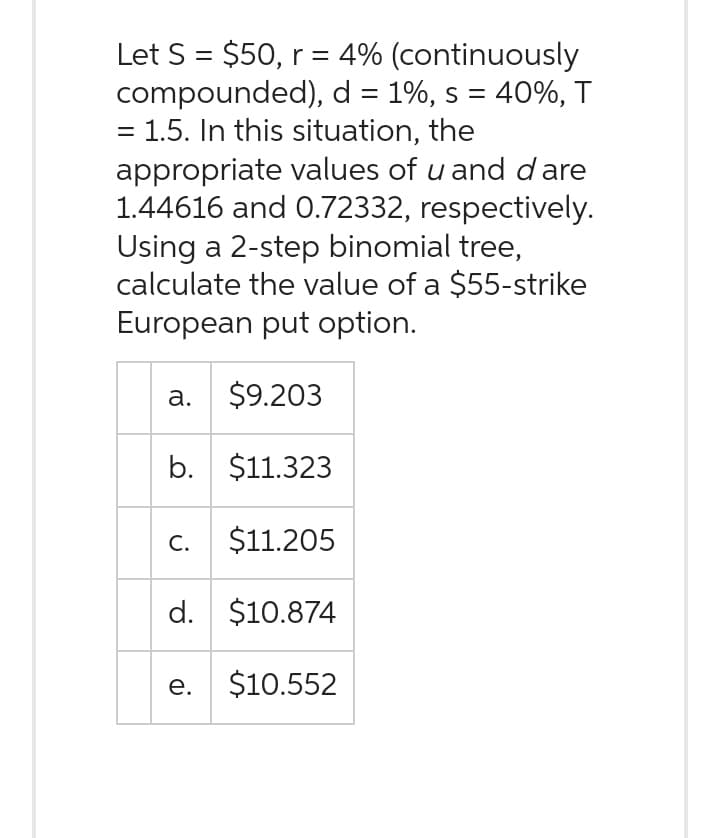 Let S = $50, r = 4% (continuously
compounded), d = 1%, s = 40%, T
1.5. In this situation, the
appropriate values of u and dare
1.44616 and 0.72332, respectively.
Using a 2-step binomial tree,
calculate the value of a $55-strike
European put option.
a. $9.203
b. $11.323
C. $11.205
d. $10.874
$10.552
=
e.