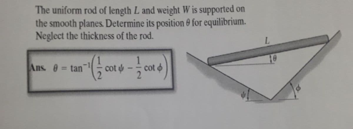 The uniform rod of length L and weight W is supported on
the smooth planes. Determine its position 0 for equilibrium.
Neglect the thickness of the rod.
L.
Ans. 0 = tan
cot
cot o
%3D
