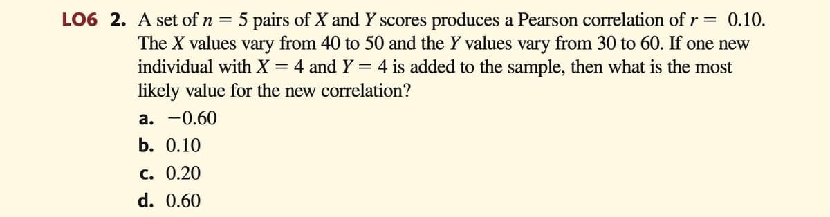LO6 2. A set of n = 5 pairs of X and Y scores produces a Pearson correlation of r = 0.10.
The X values vary from 40 to 50 and the Y values vary from 30 to 60. If one new
individual with X = 4 and Y = 4 is added to the sample, then what is the most
likely value for the new correlation?
a. -0.60
b. 0.10
c. 0.20
d. 0.60