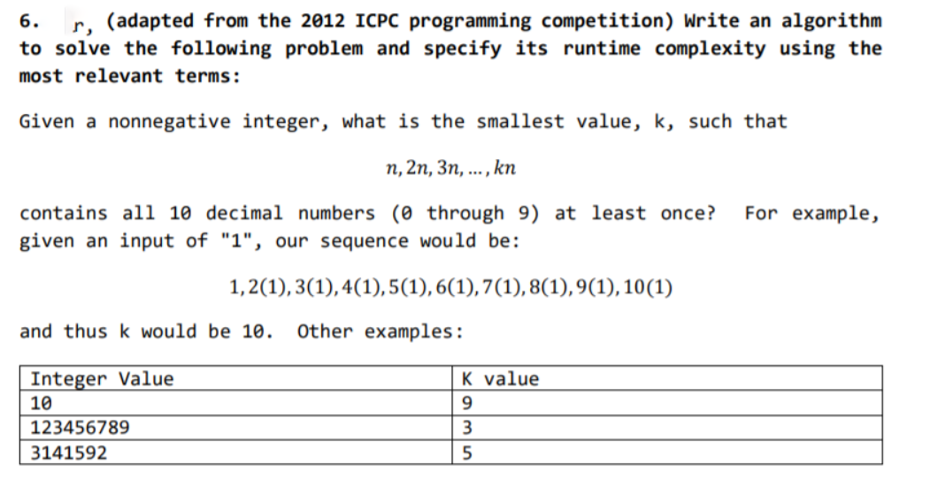 r, (adapted from the 2012 ICPC programming competition) Write an algorithm
to solve the following problem and specify its runtime complexity using the
6.
most relevant terms:
Given a nonnegative integer, what is the smallest value, k, such that
п,2п, Зп, ..., kn
For example,
contains all 10 decimal numbers (0 through 9) at least once?
given an input of "1", our sequence would be:
1,2(1), 3(1), 4(1),5(1), 6(1),7(1), 8(1), 9(1), 10(1)
and thus k would be 10.
Other examples:
Integer Value
K value
10
123456789
3141592
