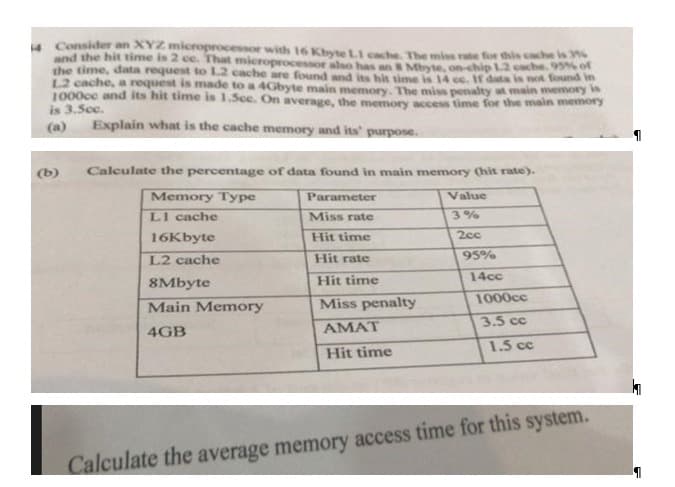 4 Consider an XYZ microprocessor with 16 Kbyte L1 cache. The miss rate for this cache is 36
and the hit time is 2 cc. That microprocessor also has an 8 Mbyte, on-chip L2 cache. 95% of
the time, data request to L2 cache are found and its hit time is 14 cc. If data is not found in
L2 cache, a request is made to a 4Gbyte main memory. The miss penalty at main memory is
1000cc and its hit time is 1.5cc. On average, the memory access time for the main memory
is 3.5cc.
(a)
Explain what is the cache memory and its' purpose.
(b)
Calculate the percentage of data found in main memory (hit rate).
Parameter
Memory Type
L1 cache
16Kbyte
L2 cache
8Mbyte
Main Memory
4GB
Miss rate
Hit time
Hit rate
Hit time
Miss penalty
AMAT
Hit time
Value
3%
2cc
95%
14cc
1000cc
3.5 cc
1.5 cc
Calculate the average memory access time for this system.