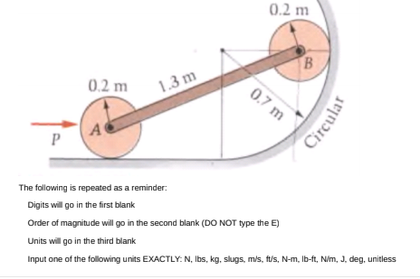 0.2 m
B
0.2 m
1.3 m
0.7 m
A
P
The following is repeated as a reminder:
Digits will go in the first blank
Order of magnitude will go in the second blank (DO NOT type the E)
Units will go in the third blank
Input one of the following units EXACTLY: N, Ibs, kg, slugs, m/s, ft/s, N-m, Ib-ft, N/m, J, deg, unitless
Circular
