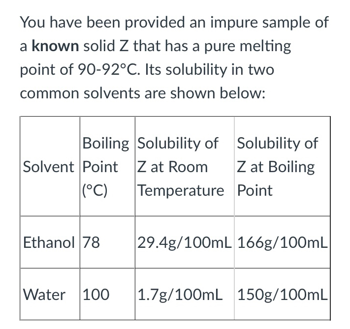 You have been provided an impure sample of
a known solid Z that has a pure melting
point of 90-92°C. Its solubility in two
common solvents are shown below:
Boiling Solubility of Solubility of
Z at Boiling
Temperature Point
Solvent Point Z at Room
|(°C)
Ethanol 78
29.4g/100mL 166g/100mL|
Water 100
1.7g/100mL 150g/100mL
