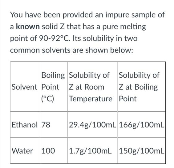 You have been provided an impure sample of
a known solid Z that has a pure melting
point of 90-92°C. Its solubility in two
common solvents are shown below:
Boiling Solubility of Solubility of
Z at Boiling
Temperature Point
Solvent Point Z at Room
(°C)
Ethanol 78
29.4g/100mL 166g/100mL
Water 100
1.7g/100mL 150g/100mL
