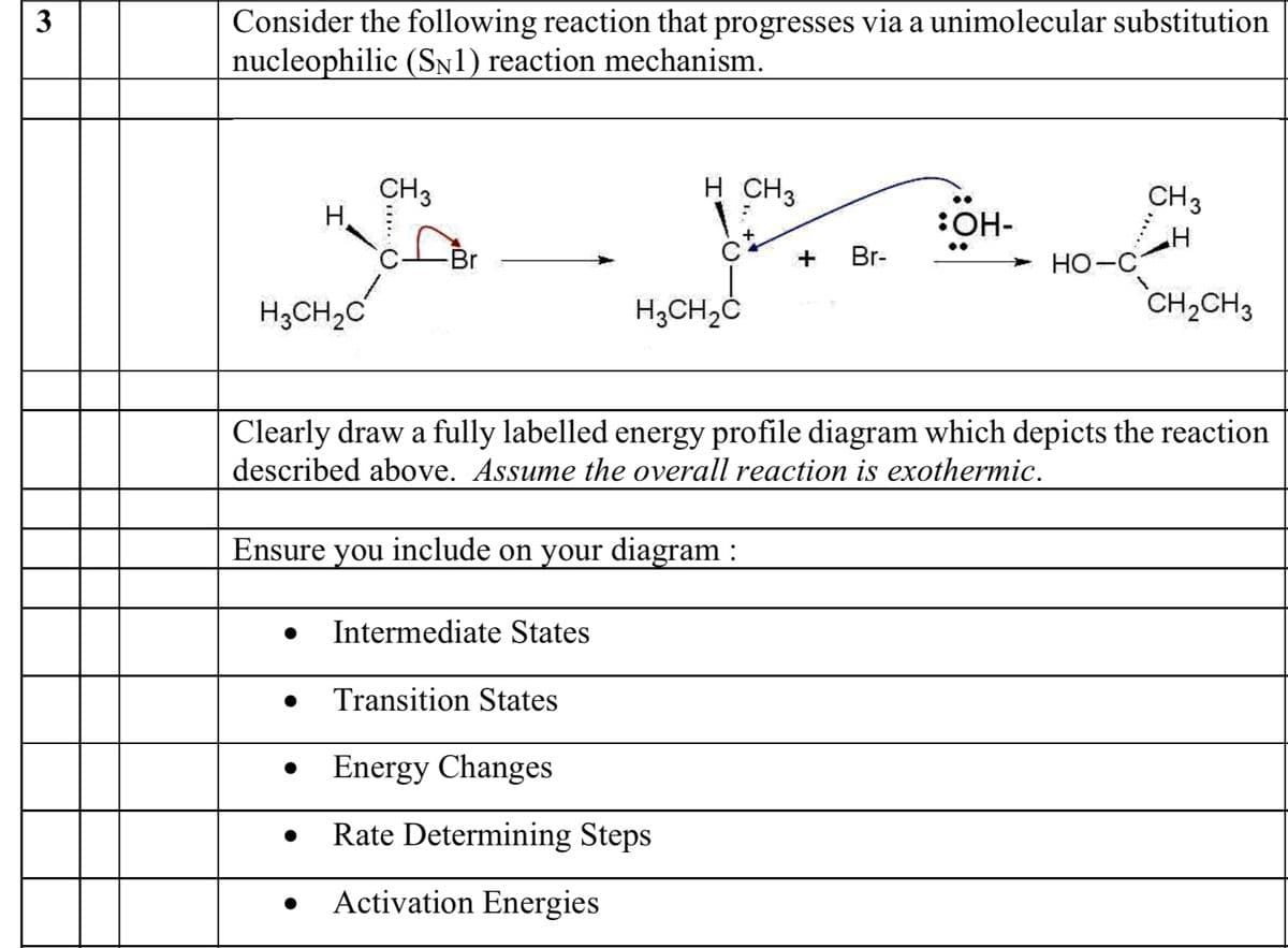 3
Consider the following reaction that progresses via a unimolecular substitution
nucleophilic (Sn1) reaction mechanism.
CH3
Н.
H CH3
CH3
:OH-
Br
+
Br-
HO-C
H3CH2C
H3CH,Č
CH2CH3
Clearly draw a fully labelled energy profile diagram which depicts the reaction
described above. Assume the overall reaction is exothermic.
Ensure you include on your diagram :
• Intermediate States
Transition States
Energy Changes
Rate Determining Steps
Activation Energies
