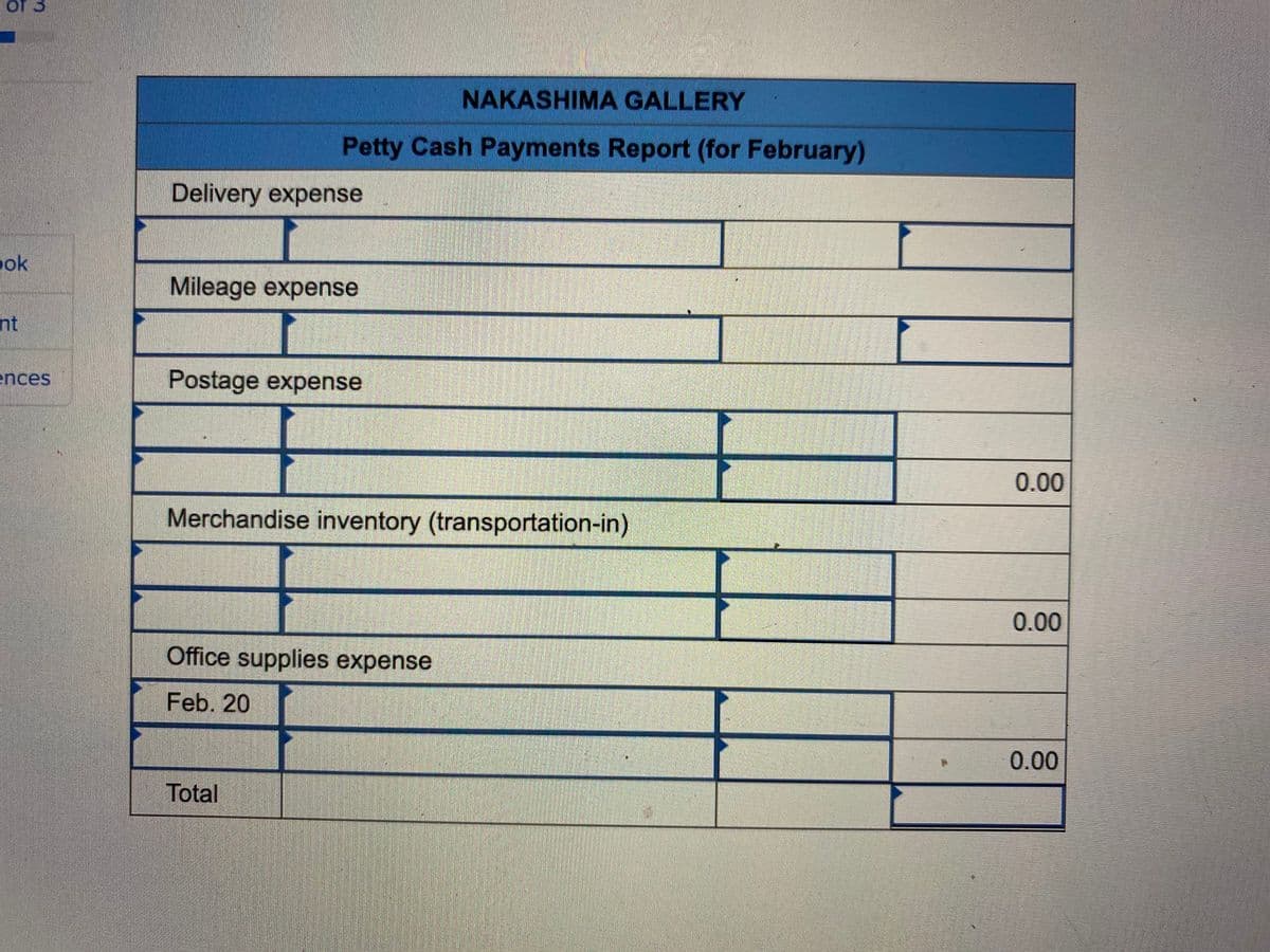 of 3
NAKASHIMA GALLERY
Petty Cash Payments Report (for February)
Delivery expense
ook
Mileage expense
nt
ences
Postage expense
0.00
Merchandise inventory (transportation-in)
0.00
Office supplies expense
Feb. 20
0.00
Total
