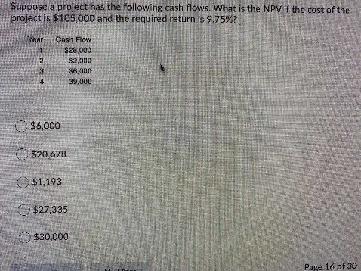 Suppose a project has the following cash flows. What is the NPV if the cost of the
project is $105,000 and the required return is 9.75%?
Year
Cash Flow
$28.000
32,000
3
36,000
4
39,000
O$6,000
O $20,678
$1,193
$27,335
O $30,000
Page 16 of 30
