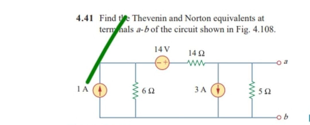4.41 Find the Thevenin and Norton equivalents at
terminals a-b of the circuit shown in Fig. 4.108.
14 V
1492
www
ΤΑ
6Q
3 A
ww
592
ob