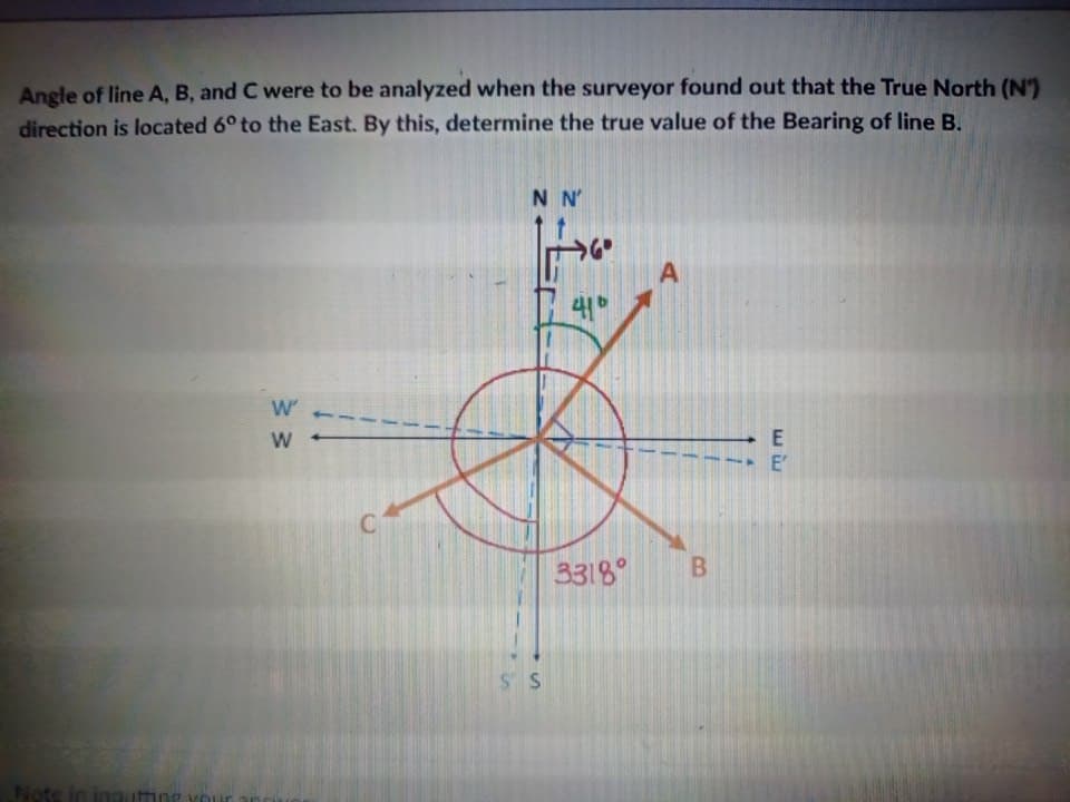 B,
Angle of line A, B, and C were to be analyzed when the surveyor found out that the True North (N)
direction is located 6° to the East. By this, determine the true value of the Bearing of line B.
N N'
41°
W
E
E'
3318°
S S

