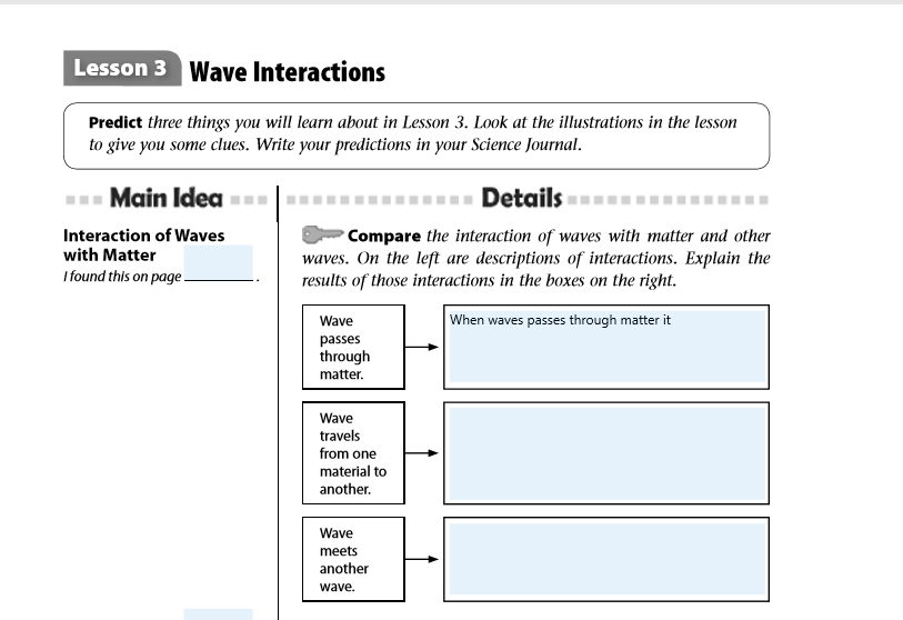 Compare the interaction of waves with matter and other
waves. On the left are descriptions of interactions. Explain the
results of those interactions in the boxes on the right.
Wave
When waves passes through matter it
passes
through
matter.
Wave
travels
from one
material to
another.
Wave
meets
another
wave.

