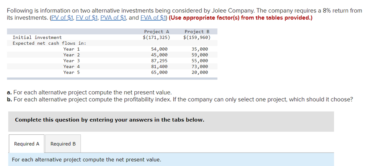 Following is information on two alternative investments being considered by Jolee Company. The company requires a 8% return from
its investments. (PV of $1, FV of $1, PVA of $1, and FVA of $1) (Use appropriate factor(s) from the tables provided.)
Project A
$(171,325)
Project B
$(159,960)
Initial investment
Expected net cash flows in:
35,000
59,000
55,000
Year 1
54,000
45,000
87,295
81,400
65,000
Year 2
Year 3
73,000
20,000
Year 4
Year 5
a. For each alternative project compute the net present value.
b. For each alternative project compute the profitability index. If the company can only select one project, which should it choose?
Complete this question by entering your answers in the tabs below.
Required A
Required B
For each alternative project compute the net present value.
