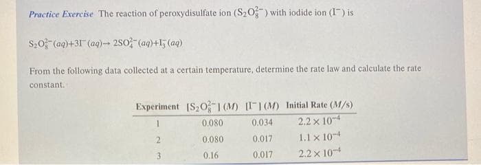 Practice Exercise The reaction of peroxydisulfate ion (S₂03) with iodide ion (I) is
S₂O3(aq)+31 (aq)- 2502(aq)+15 (aq)
From the following data collected at a certain temperature, determine the rate law and calculate the rate.
constant.
Experiment [S₂01 (M) [I] (M) Initial Rate (M/s)
2.2 x 10-4
1.1 x 10-4
2.2 x 10-4
3
0.080
0.080
0.16
0.034
0.017
0.017
