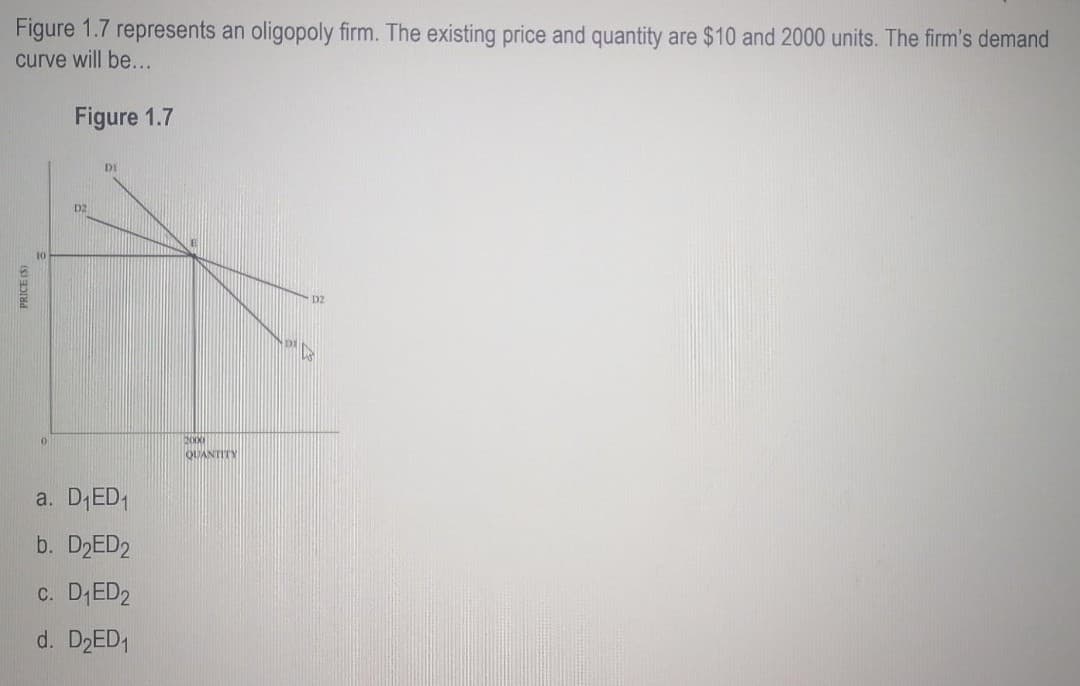 Figure 1.7 represents an oligopoly firm. The existing price and quantity are $10 and 2000 units. The firm's demand
curve will be...
PRICE (S)
Figure 1.7
D2
DI
a.
D₁ED₁
b. D2ED2
c. D₁ED2
d. D₂ED1
2000
QUANTITY
D2
