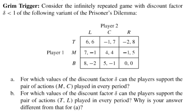 Grim Trigger: Consider the infinitely repeated game with discount factor
8 < 1 of the following variant of the Prisoner's Dilemma:
Player 2
с R
L
T
6, 6
-1, 7
-2, 8
Player 1 M
7, –1
4, 4
-1, 5
B
8, –2
5, -1
0, 0
a. For which values of the discount factor 8 can the players support the
pair of actions (M, C) played in every period?
b. For which values of the discount factor 8 can the players support the
pair of actions (T, L) played in every period? Why is your answer
different from that for (a)?
