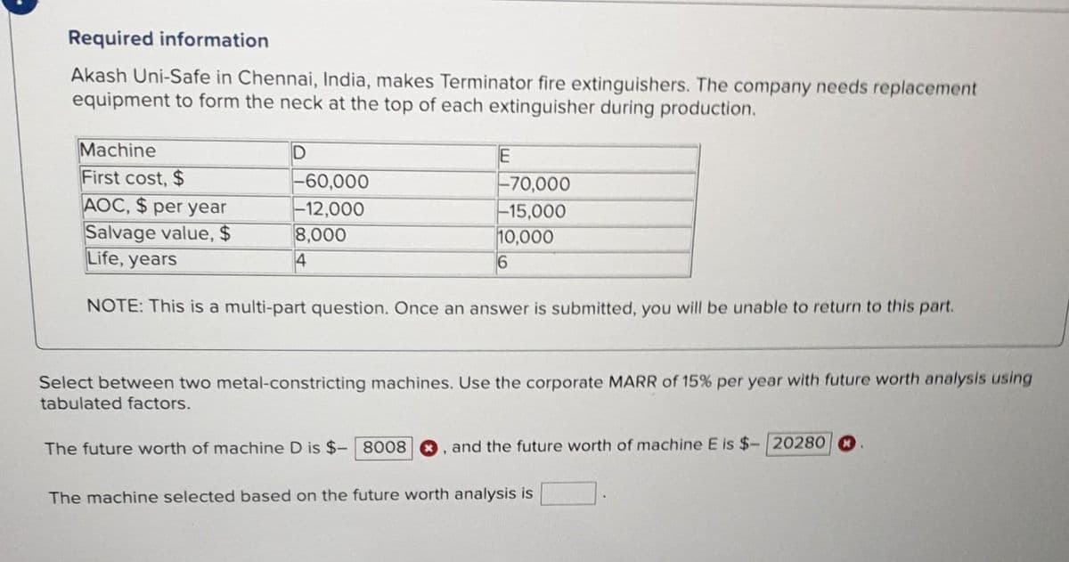 Required information
Akash Uni-Safe in Chennai, India, makes Terminator fire extinguishers. The company needs replacement
equipment to form the neck at the top of each extinguisher during production.
Machine
First cost, $
AOC, $ per year
Salvage value, $
Life, years
D
E
-70,000
-15,000
10,000
6
NOTE: This is a multi-part question. Once an answer is submitted, you will be unable to return to this part.
-60,000
-12,000
8,000
Select between two metal-constricting machines. Use the corporate MARR of 15% per year with future worth analysis using
tabulated factors.
The future worth of machine D is $- 8008
and the future worth of machine E is $- 20280
The machine selected based on the future worth analysis is