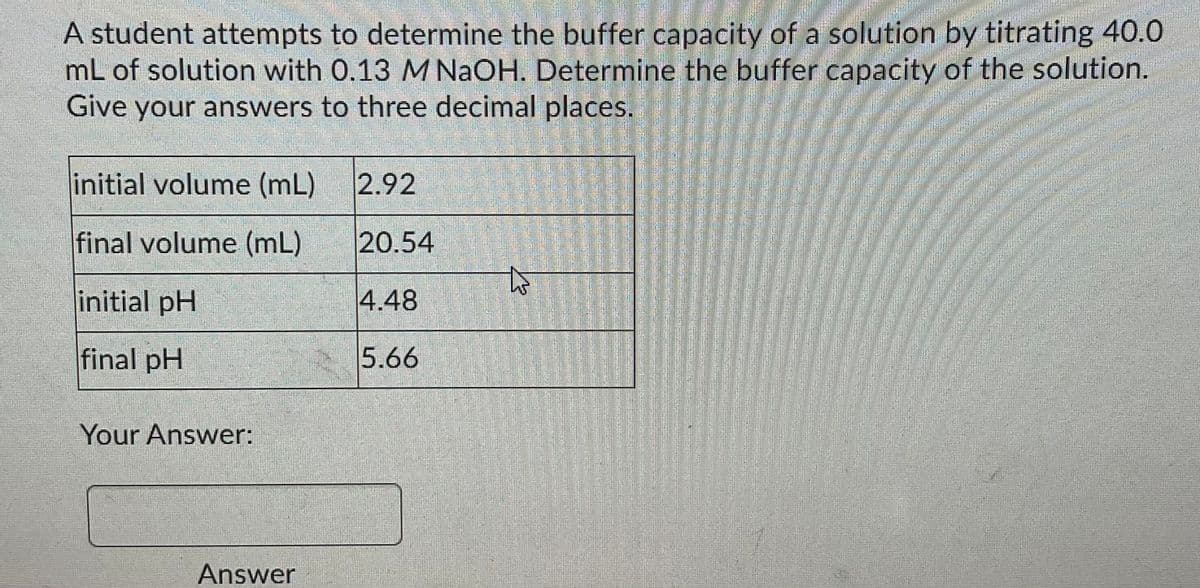 A student attempts to determine the buffer capacity of a solution by titrating 40.0
mL of solution with 0.13 M NaOH. Determine the buffer capacity of the solution.
Give your answers to three decimal places,
initial volume (mL)
2.92
final volume (mL)
20.54
to
initial pH
4.48
final pH
5.66
Your Answer:
Answer
