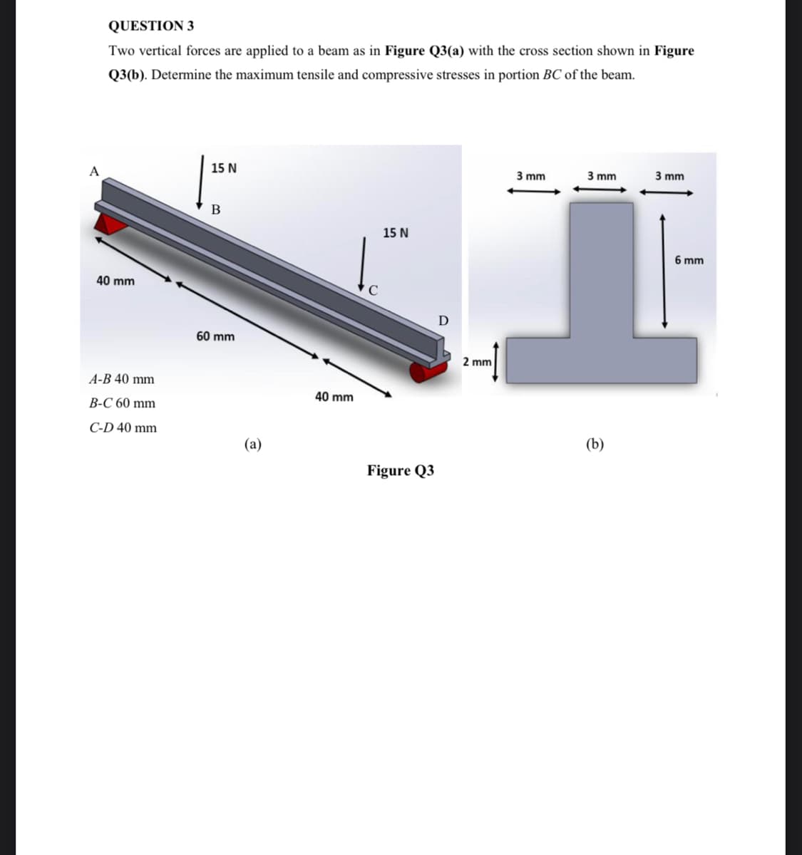 QUESTION 3
Two vertical forces are applied to a beam as in Figure Q3(a) with the cross section shown in Figure
Q3(b). Determine the maximum tensile and compressive stresses in portion BC of the beam.
15 N
3 mm
3 mm
3 mm
В
15 N
6 mm
40 mm
60 mm
2 mm
A-B 40 mm
40 mm
B-C 60 mm
C-D 40 mm
(b)
(a)
Figure Q3
