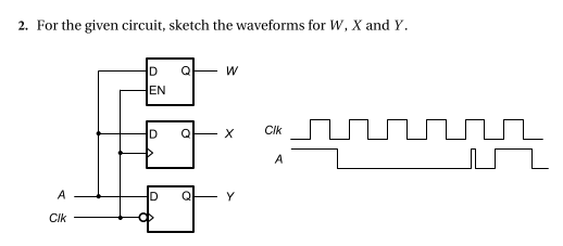 2. For the given circuit, sketch the waveforms for W, X and Y.
EN
CIk
A
A
Q
Y
CIk
