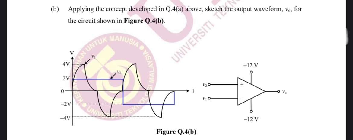 (b) Applying the concept developed in Q.4(a) above, sketch the output waveform, vo, for
the circuit shown in Figure Q.4(b).
MANUSIA
V
AN UNTUK
4V
V2
2V
+12 V
V½ 0
-2V
-4V
-12 V
Figure Q.4(b)
UNIVERSITI T
