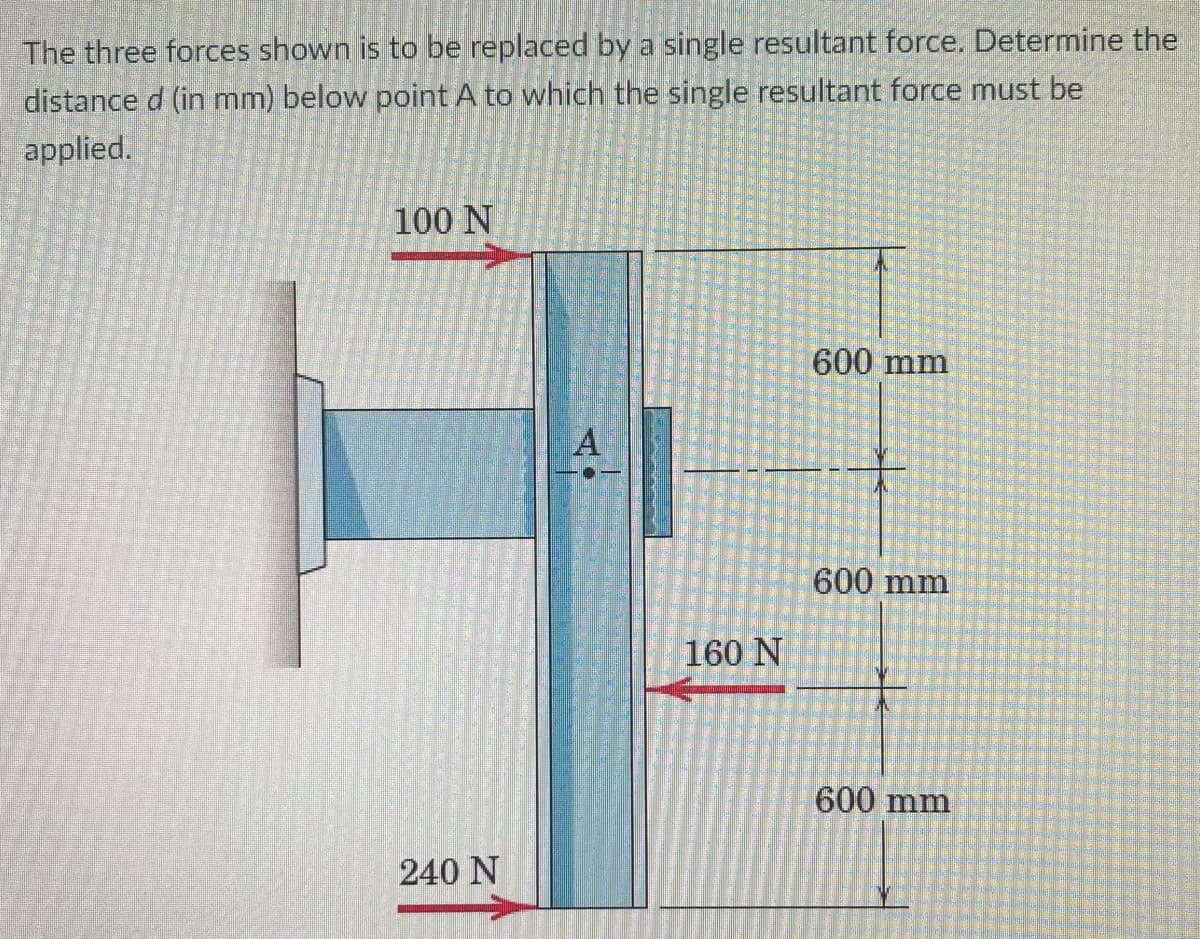 The three forces shown is to be replaced by a single resultant force. Determine the
distance d (in mm) below point A to which the single resultant force must be
applied.
100 N
600 mm
A
600 mm
160 N
600 mm
240 N
