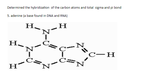 Determined the hybridization of the carbon atoms and total sigma and pi bond
5. adenine (a base found in DNA and RNA)
H.
-H
<c-N
C-H
'N
