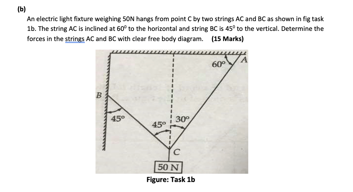(b)
An electric light fixture weighing 50N hangs from point C by two strings AC and BC as shown in fig task
1b. The string AC is inclined at 60° to the horizontal and string BC is 45° to the vertical. Determine the
forces in the strings AC and BC with clear free body diagram. (15 Marks)
60°
B
45°
30°
45°
C
50 N
Figure: Task 1b
