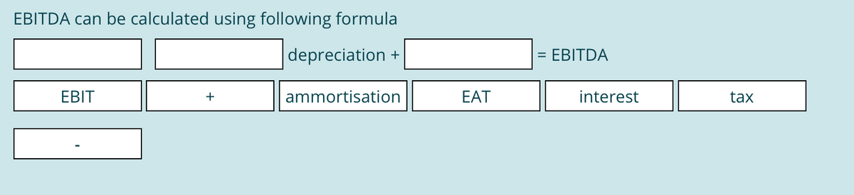 EBITDA can be calculated using following formula
|depreciation
EBITDA
+
%3D
EBIT
+
ammortisation
EAT
interest
tax
