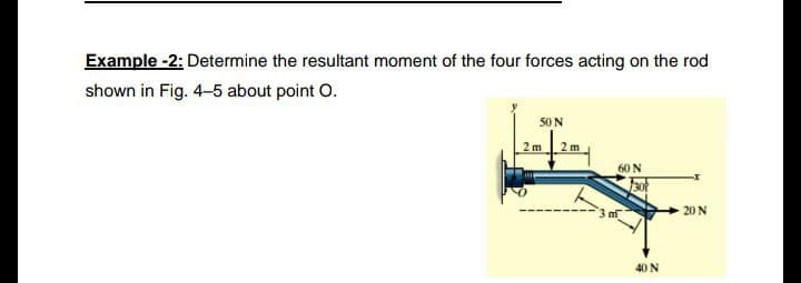 Example -2: Determine the resultant moment of the four forces acting on the rod
shown in Fig. 4-5 about point O.
5O N
2m 2 m
60 N
20 N
40 N
